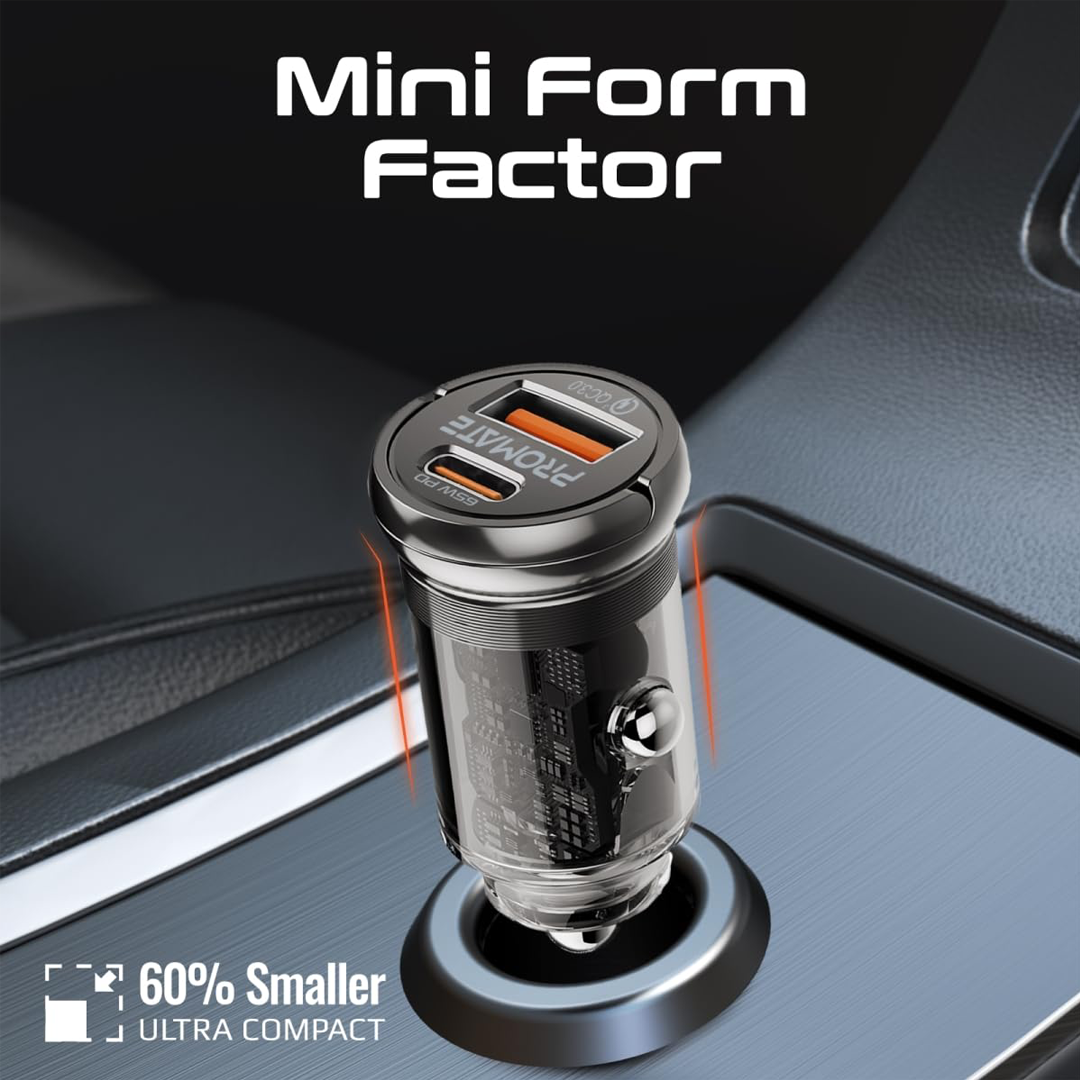 Promate TransDrive-65W 65W RapidCharge™ Transparent Mini Car Charger with Power Delivery & QC 3.0 Promate TransDrive-65W 65W RapidCharge™ Transparent Mini Car Charger with Power Delivery & QC 3.0